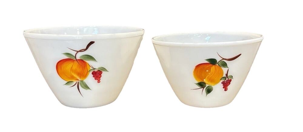 Vintage Fire King Gay Fad Mixing Bowls 6 1/2 Diam 3" Deep Peaches Pears Grapes